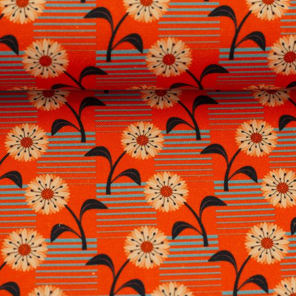Baumwollcanvas Rocha Blumen, Streifen türkis/orange by Swafing